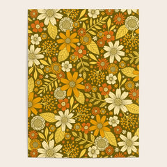 1970s Retro Flowers Pattern in Yellow, Orange & Olive Green Poster