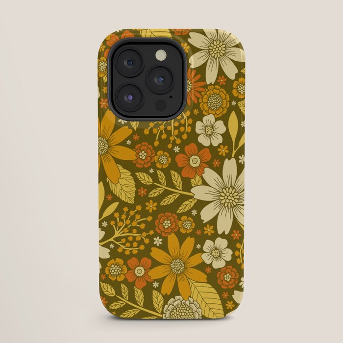 1970s Retro Flowers Pattern in Yellow, Orange & Olive Green iPhone Case