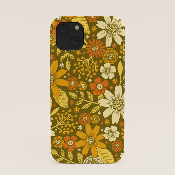 1970s Retro Flowers Pattern in Yellow, Orange & Olive Green iPhone Case
