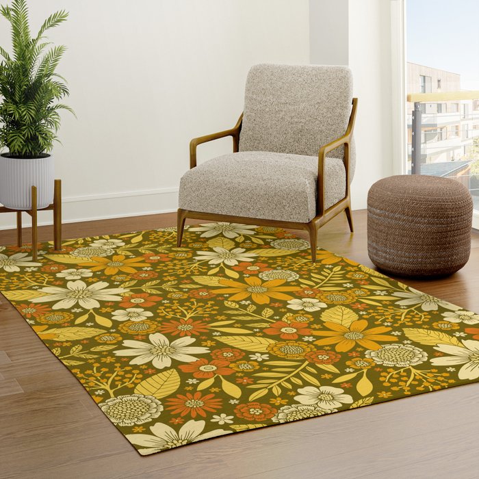 1970s Retro Flowers Pattern in Yellow, Orange & Olive Green Rug