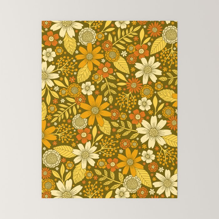 1970s Retro Flowers Pattern in Yellow, Orange & Olive Green Mini Art Print