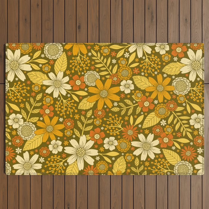 1970s Retro Flowers Pattern in Yellow, Orange & Olive Green Outdoor Rug
