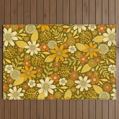 1970s Retro Flowers Pattern in Yellow, Orange & Olive Green Outdoor Rug