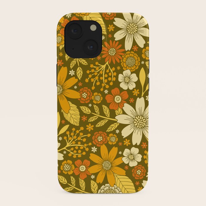 1970s Retro Flowers Pattern in Yellow, Orange & Olive Green iPhone Case