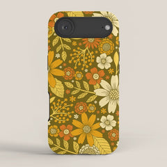 1970s Retro Flowers Pattern in Yellow, Orange & Olive Green iPhone Case