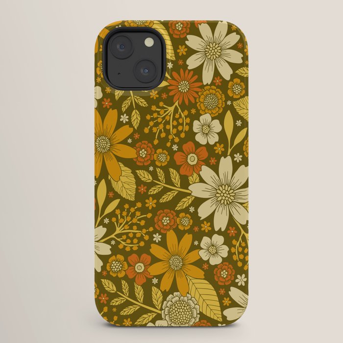 1970s Retro Flowers Pattern in Yellow, Orange & Olive Green iPhone Case