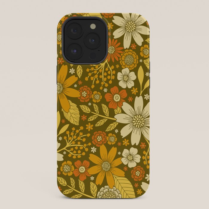 1970s Retro Flowers Pattern in Yellow, Orange & Olive Green iPhone Case