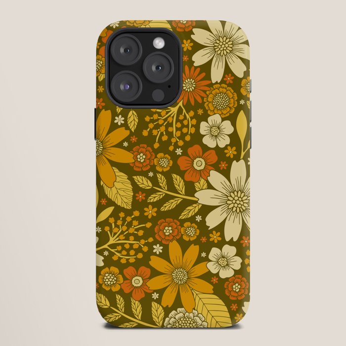 1970s Retro Flowers Pattern in Yellow, Orange & Olive Green iPhone Case