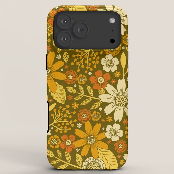 1970s Retro Flowers Pattern in Yellow, Orange & Olive Green iPhone Case