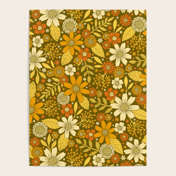 1970s Retro Flowers Pattern in Yellow, Orange & Olive Green Poster
