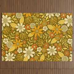 1970s Retro Flowers Pattern in Yellow, Orange & Olive Green Outdoor Rug