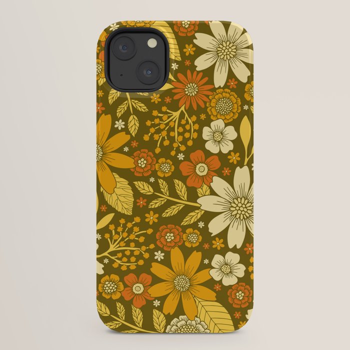 1970s Retro Flowers Pattern in Yellow, Orange & Olive Green iPhone Case