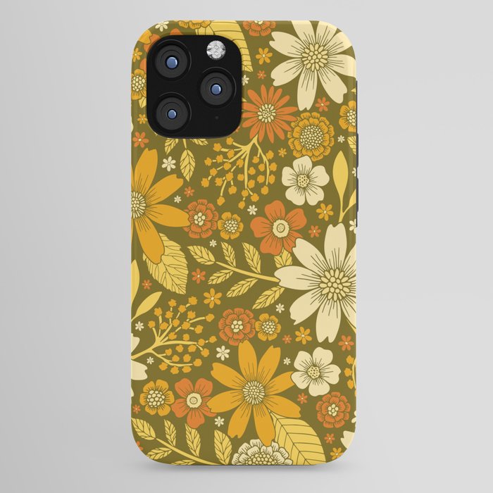 1970s Retro Flowers Pattern in Yellow, Orange & Olive Green iPhone Case