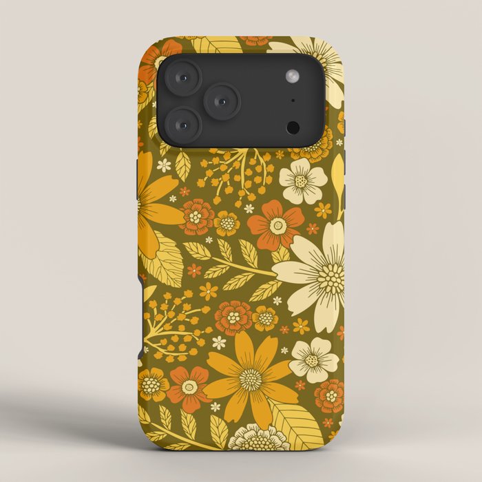 1970s Retro Flowers Pattern in Yellow, Orange & Olive Green iPhone Case