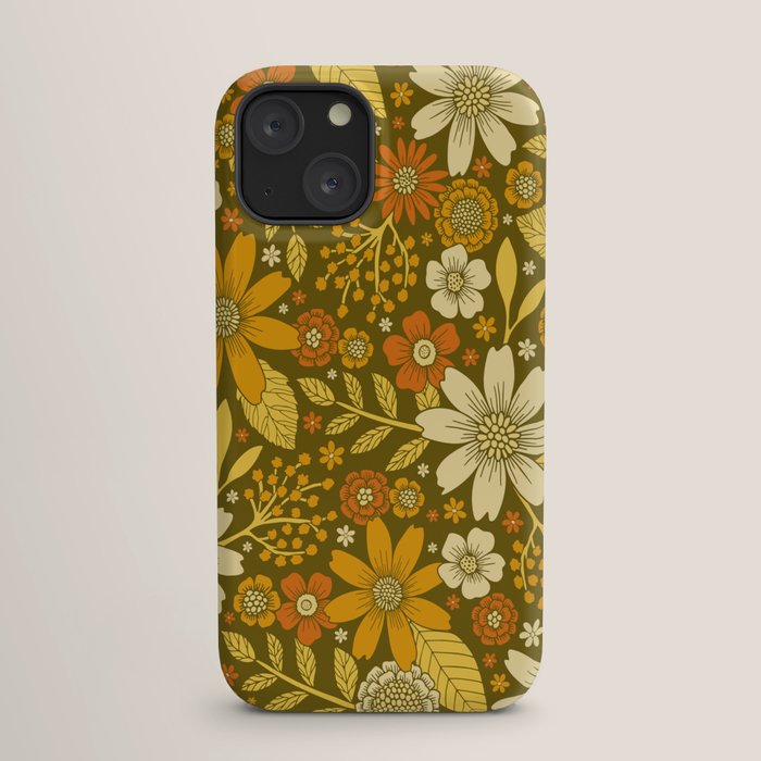 1970s Retro Flowers Pattern in Yellow, Orange & Olive Green iPhone Case