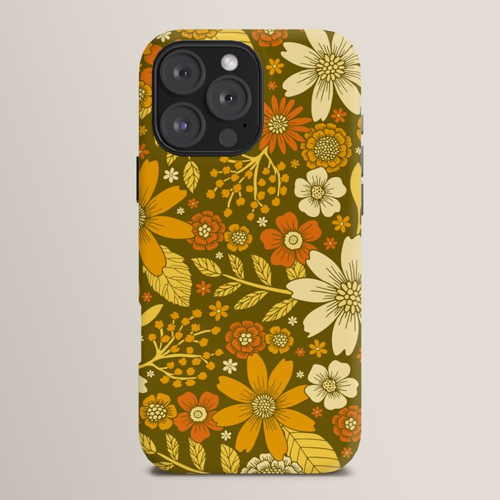 1970s Retro Flowers Pattern in Yellow, Orange & Olive Green iPhone Case