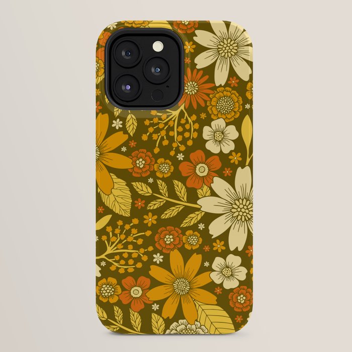 1970s Retro Flowers Pattern in Yellow, Orange & Olive Green iPhone Case