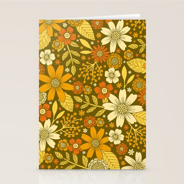 1970s Retro Flowers Pattern in Yellow, Orange & Olive Green Stationery Card