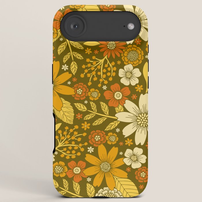 1970s Retro Flowers Pattern in Yellow, Orange & Olive Green iPhone Case