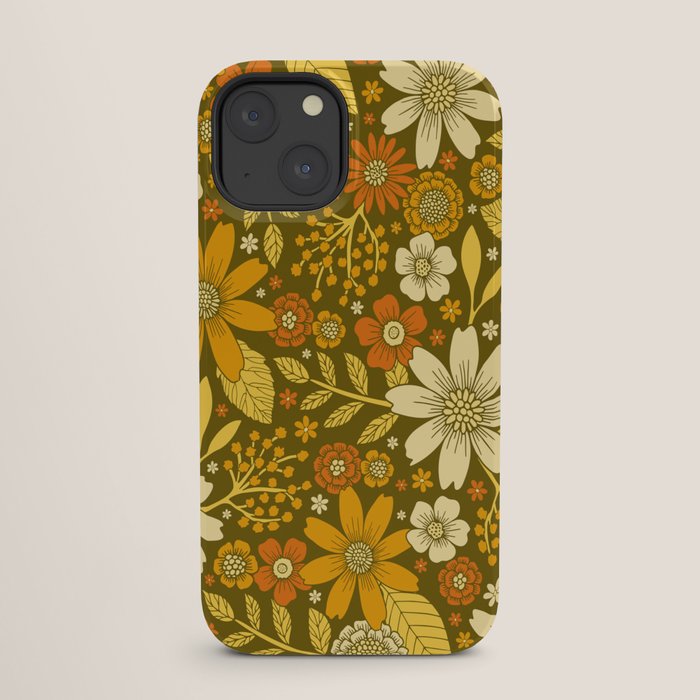 1970s Retro Flowers Pattern in Yellow, Orange & Olive Green iPhone Case