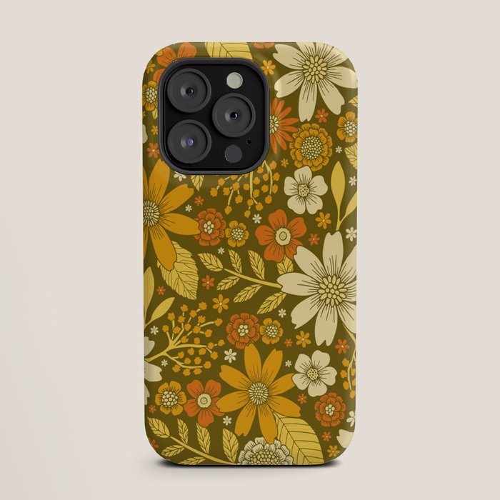 1970s Retro Flowers Pattern in Yellow, Orange & Olive Green iPhone Case
