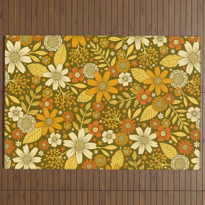 1970s Retro Flowers Pattern in Yellow, Orange & Olive Green Outdoor Rug