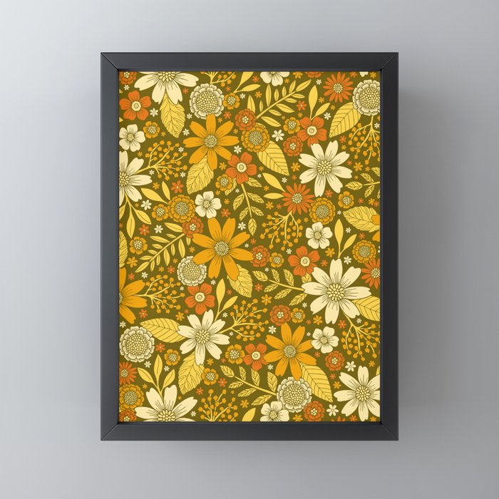 1970s Retro Flowers Pattern in Yellow, Orange & Olive Green Mini Art Print