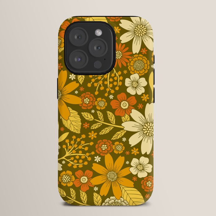 1970s Retro Flowers Pattern in Yellow, Orange & Olive Green iPhone Case