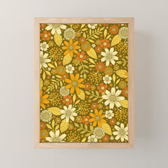 1970s Retro Flowers Pattern in Yellow, Orange & Olive Green Mini Art Print