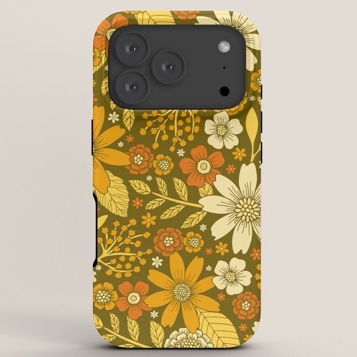 1970s Retro Flowers Pattern in Yellow, Orange & Olive Green iPhone Case