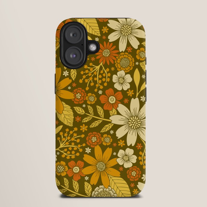 1970s Retro Flowers Pattern in Yellow, Orange & Olive Green iPhone Case