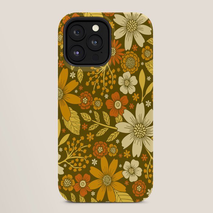 1970s Retro Flowers Pattern in Yellow, Orange & Olive Green iPhone Case