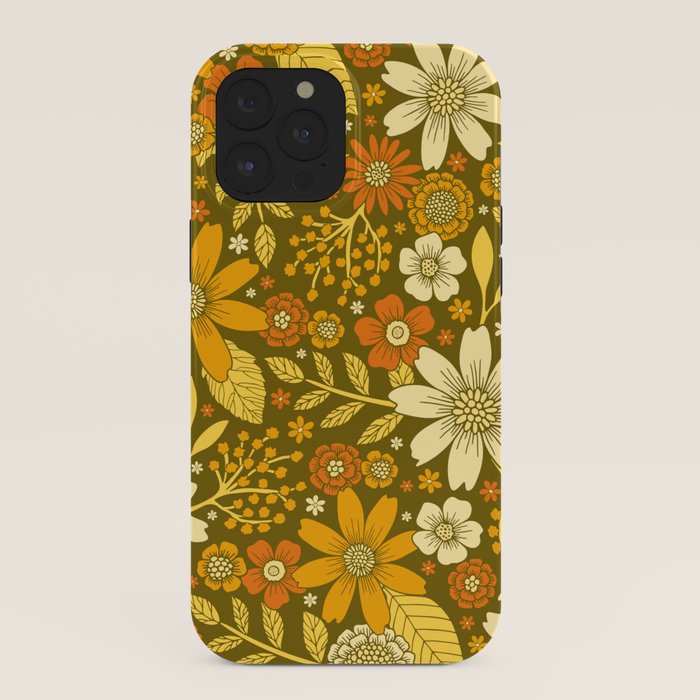 1970s Retro Flowers Pattern in Yellow, Orange & Olive Green iPhone Case