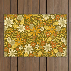 1970s Retro Flowers Pattern in Yellow, Orange & Olive Green Outdoor Rug