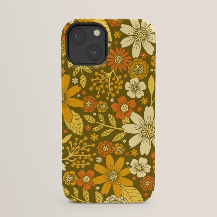 1970s Retro Flowers Pattern in Yellow, Orange & Olive Green iPhone Case