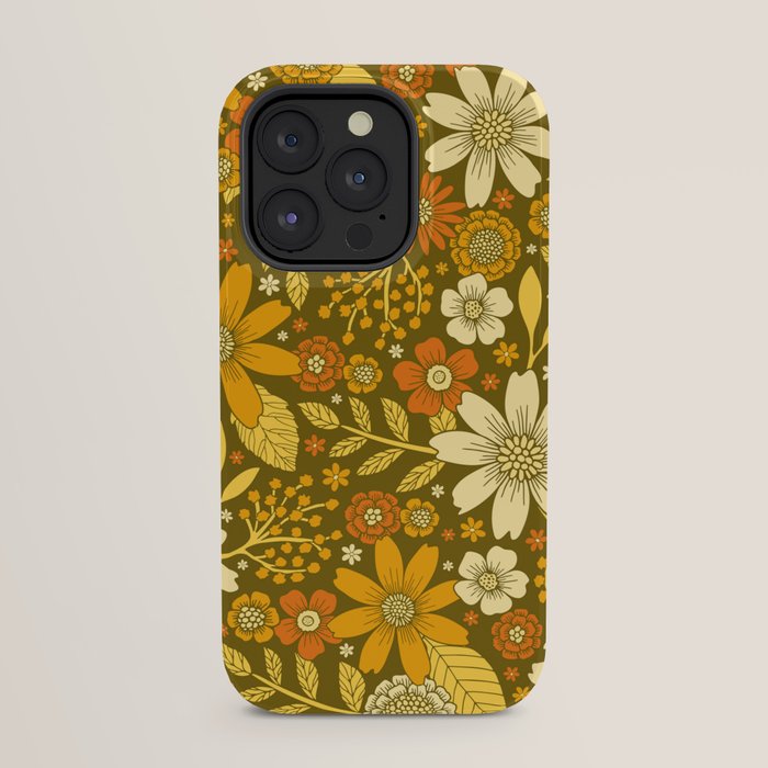 1970s Retro Flowers Pattern in Yellow, Orange & Olive Green iPhone Case