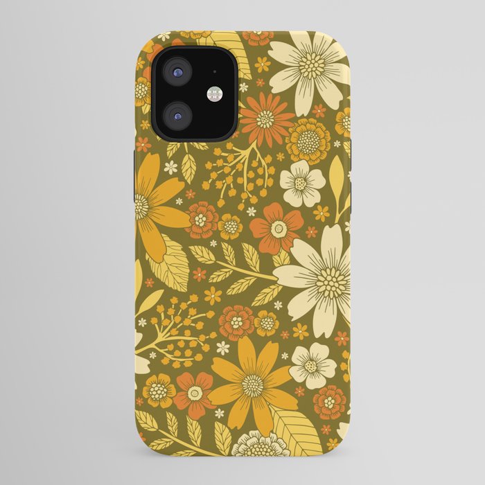 1970s Retro Flowers Pattern in Yellow, Orange & Olive Green iPhone Case