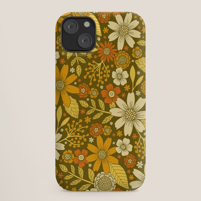 1970s Retro Flowers Pattern in Yellow, Orange & Olive Green iPhone Case