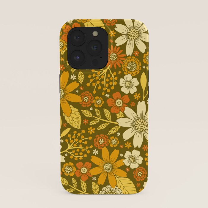 1970s Retro Flowers Pattern in Yellow, Orange & Olive Green iPhone Case