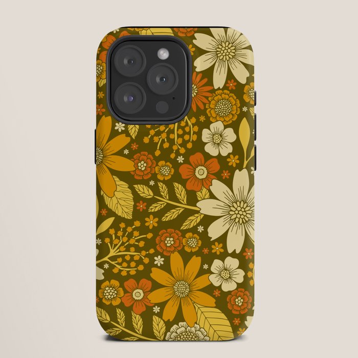 1970s Retro Flowers Pattern in Yellow, Orange & Olive Green iPhone Case