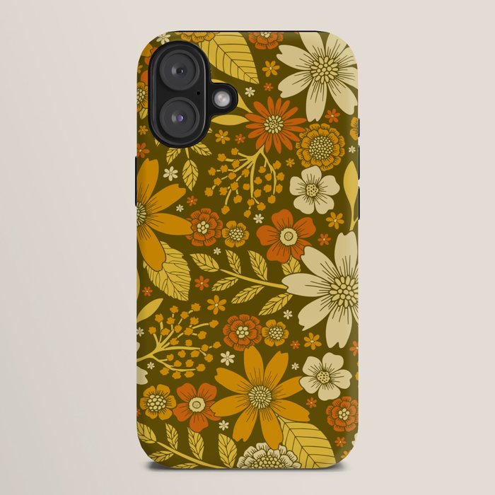 1970s Retro Flowers Pattern in Yellow, Orange & Olive Green iPhone Case