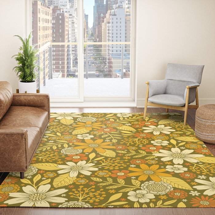 1970s Retro Flowers Pattern in Yellow, Orange & Olive Green Rug