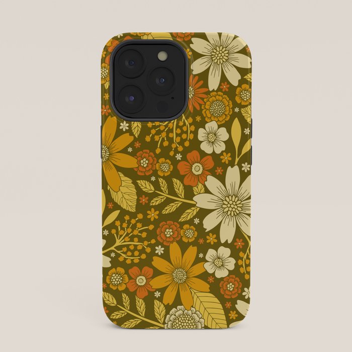 1970s Retro Flowers Pattern in Yellow, Orange & Olive Green iPhone Case