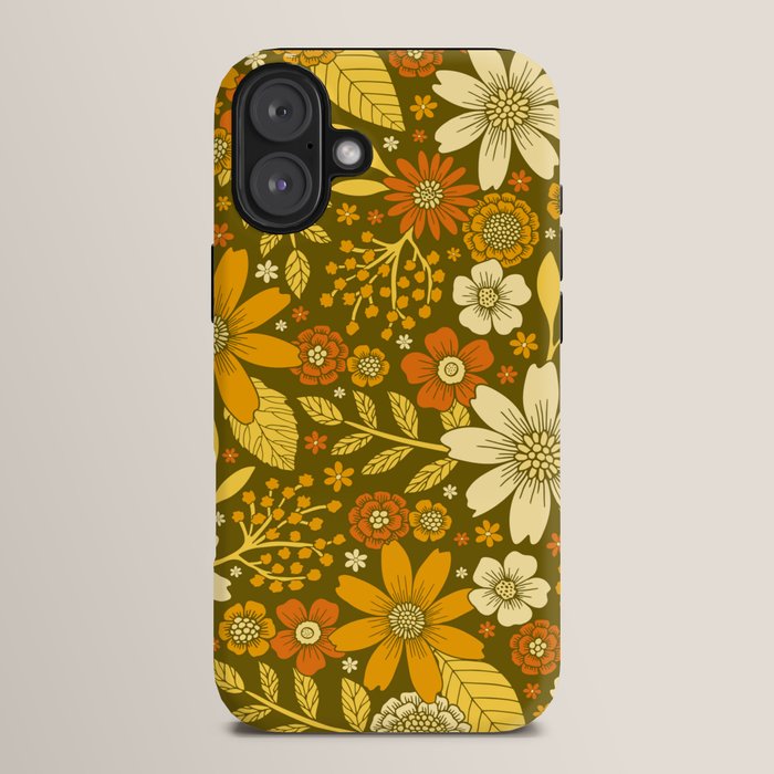 1970s Retro Flowers Pattern in Yellow, Orange & Olive Green iPhone Case