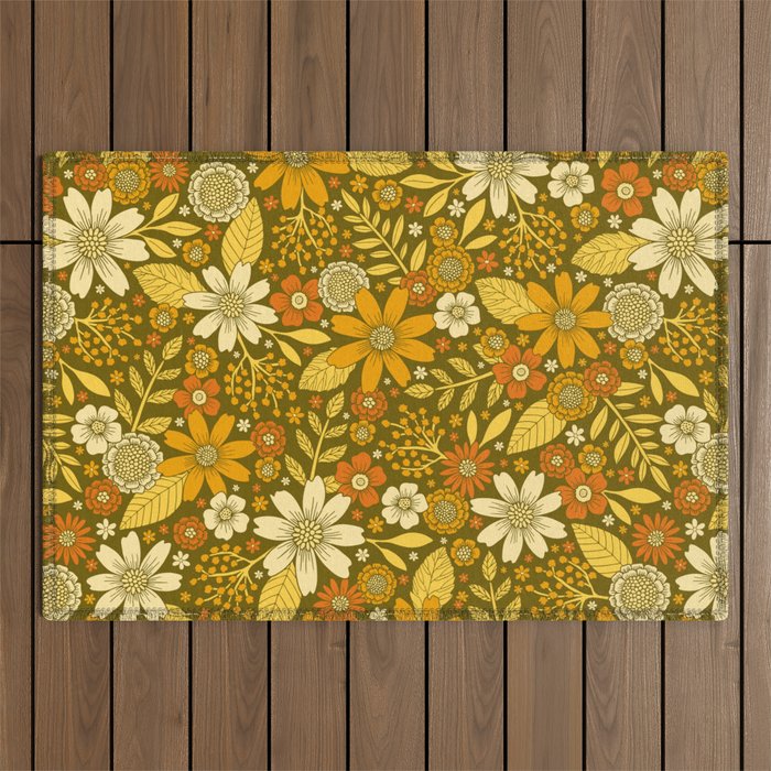 1970s Retro Flowers Pattern in Yellow, Orange & Olive Green Outdoor Rug