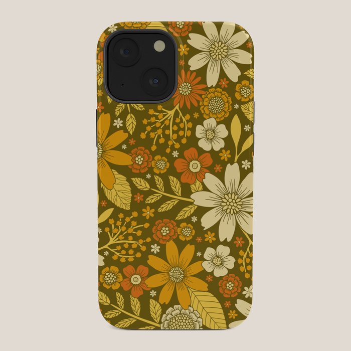 1970s Retro Flowers Pattern in Yellow, Orange & Olive Green iPhone Case