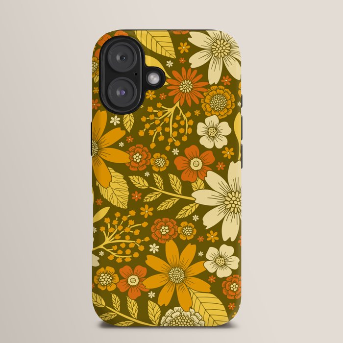 1970s Retro Flowers Pattern in Yellow, Orange & Olive Green iPhone Case