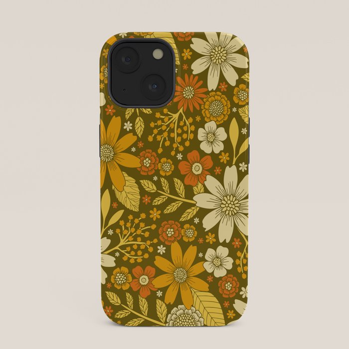 1970s Retro Flowers Pattern in Yellow, Orange & Olive Green iPhone Case
