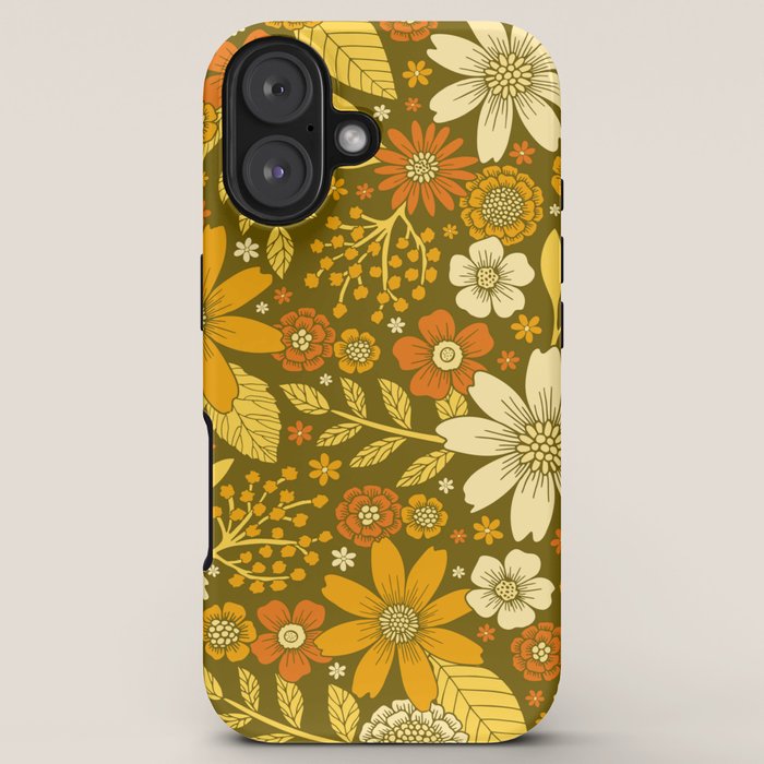 1970s Retro Flowers Pattern in Yellow, Orange & Olive Green iPhone Case