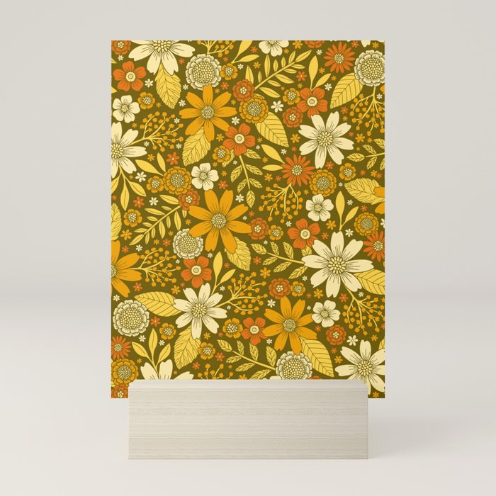 1970s Retro Flowers Pattern in Yellow, Orange & Olive Green Mini Art Print